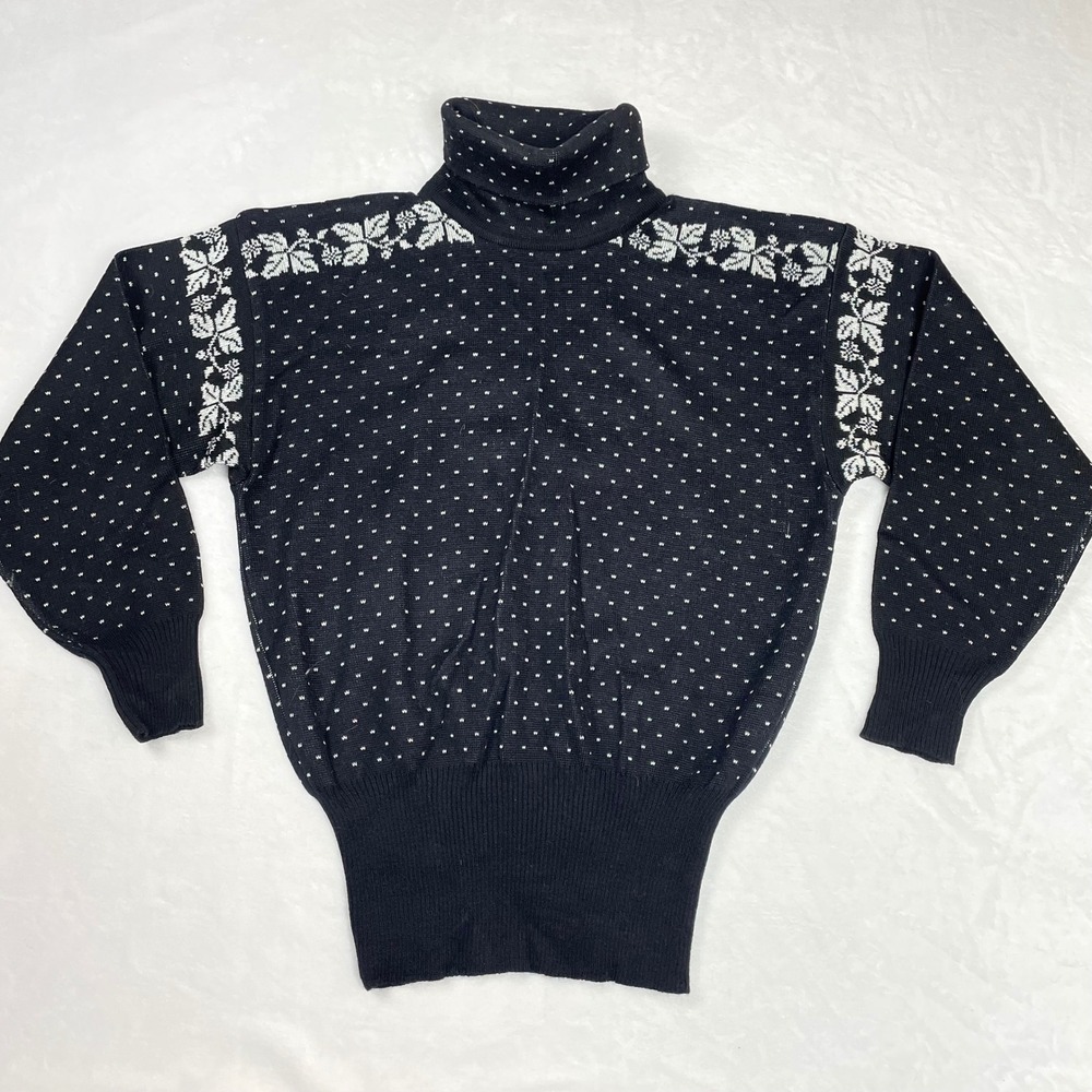 Meister Turtleneck Sweater Wool Women M Black Vintage Snowflake Metallic Accent